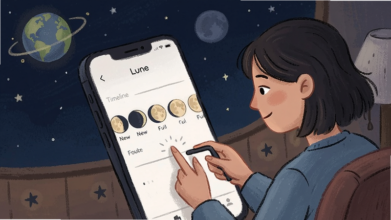illustration of a user scrolling through the Lune app timeline showing moon phases from new to full