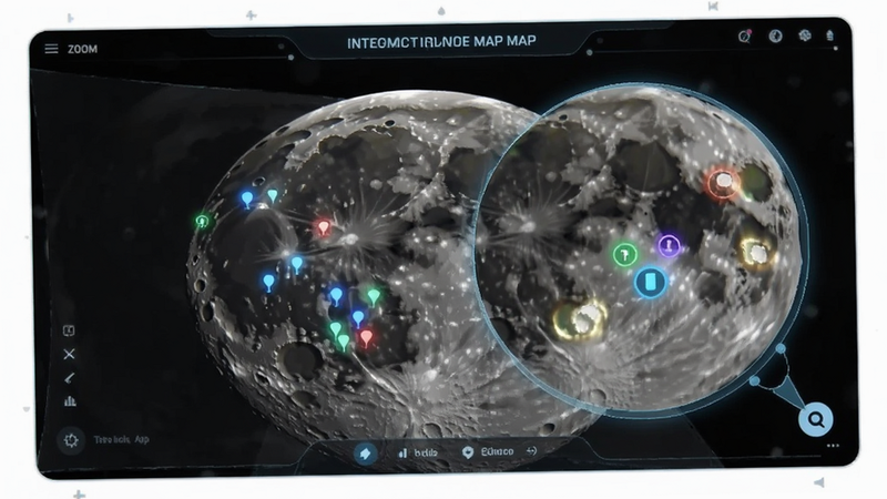 interactive digital map of the moon surface with highlighted craters, zoomed in view, modern UI design, glowing markers on specific lunar features