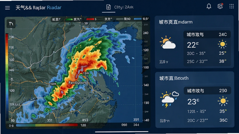 天气&雷达应用界面截图,展示实时雷达回波图与城市天气预报卡片,深蓝色背景,白色文字,专业气象风格,清晰图表细节