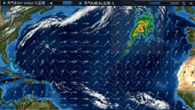 天气&雷达应用中的卫星云图视图,白色云层覆盖蓝色海洋背景,带有风向箭头叠加层