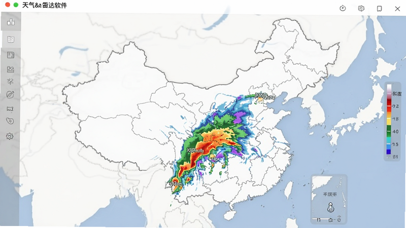 天气&雷达软件内显示中国地图上的雷达回波图,红绿蓝紫色渐变表示不同强度的降雨,UI界面简洁现代