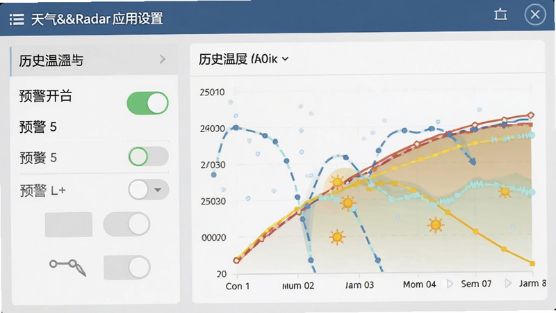 天气&雷达应用设置界面,显示预警开关选项和历史温度曲线图表