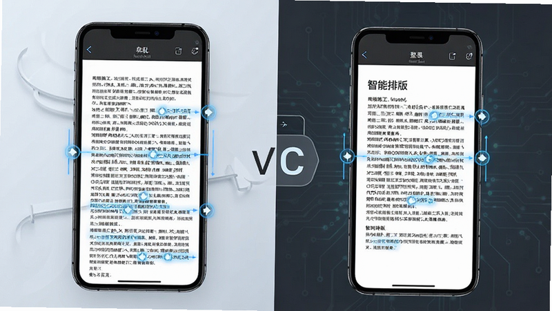 展示软件“智能排版”功能界面,左侧为杂乱原文,右侧为整齐排版后的效果,对比鲜明,主体为手机屏幕,布局左右分栏,风格科技感,细节处有高亮标记,画质清晰,干净,无多余元素