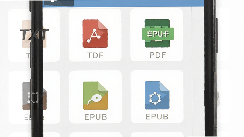 展示文件选择界面,列出TXT、PDF、EPUB等图标,主体为手机界面,布局网格状,风格扁平化,细节处有格式图标高亮,画质清晰,干净,无多余元素