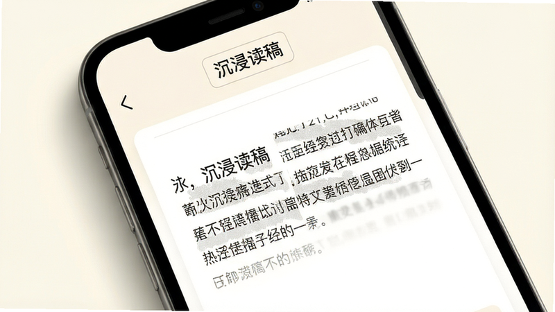 主体为手机屏幕特写,显示“沉浸读稿”APP界面,背景为柔和的米白色,布局简洁,中央为文本阅读区域,字体清晰,排版整齐,风格简约现代,细节处有柔和阴影,画质高清,干净,无多余元素