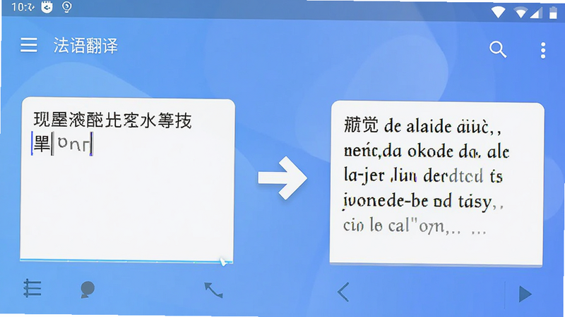主体为一款名为“法语翻译”的安卓应用界面截图,布局采用现代扁平设计,排版清晰,风格为科技简约,细节包含左侧输入框显示中文句子,右侧输出框显示法语译文,中间有一个明显的箭头图标表示转换过程,背景为柔和的蓝色渐变,画质高清干净无多余元素