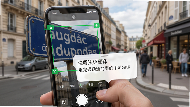 主体为“法语翻译”app的拍照翻译功能演示,布局采用手机屏幕视角,风格为真实场景模拟,细节显示用户手持手机对准一张法语路牌,屏幕内叠加绿色识别框并弹出中文译文弹窗,背景为街道场景,画质高清干净无多余元素