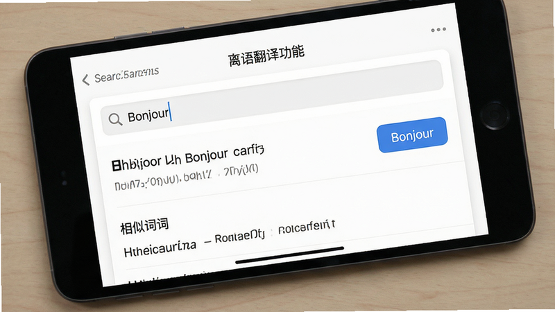 主体展示“法语翻译”应用中的离线词典功能界面,布局为列表式排版,风格为简洁实用主义,细节包括搜索栏输入“Bonjour”,下方显示词条定义、发音按钮及相似词推荐,背景为白色卡片式设计,画质清晰干净无多余元素