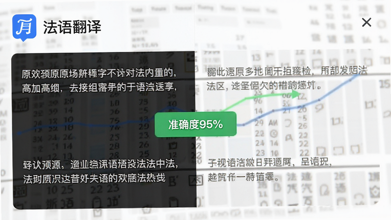 主体为“法语翻译”app的准确性测试界面,布局为左右对照,风格为数据可视化,细节显示中文原文与法语译文对比,中间有绿色“准确度95%”标识,背景为白色,画质干净无多余元素