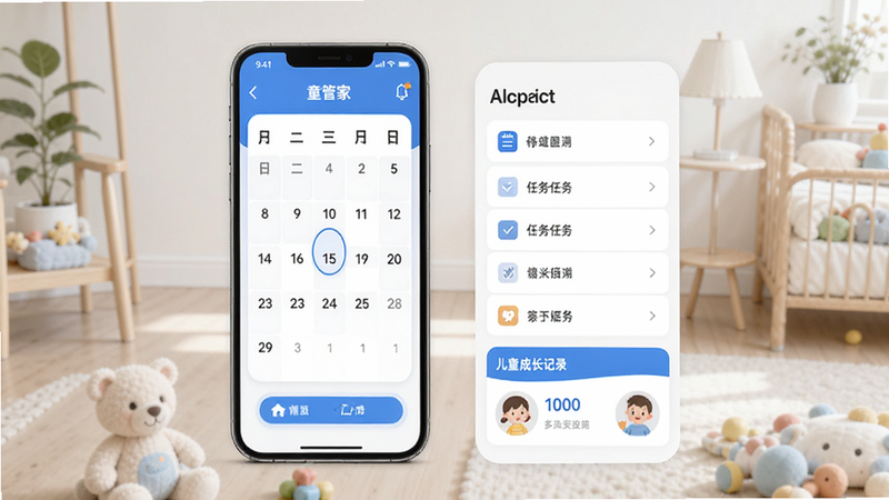 ͯ�ܼ�APP��ҳ����չʾ�������ճ������������б��Ͷ�ͯ�ɳ���¼ģ�飬�ִ���Լ���������ɫ�������׶�