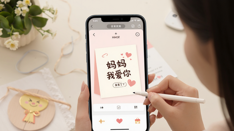超级喜欢APP功能演示图,展示用户正在编辑一张带有“妈妈我爱你”字样的电子贺卡,界面简洁,色彩柔和
