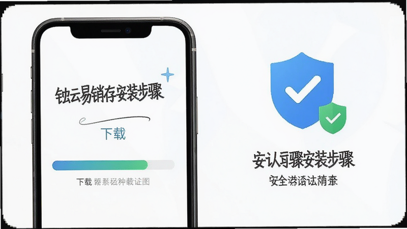 铱云易销存安装步骤示意图,手机屏幕显示下载进度条,安全认证标志,清晰文字说明