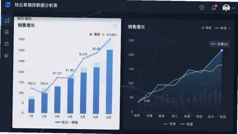 铱云易销存数据分析仪表盘,柱状图与折线图展示销售增长,专业商务风格