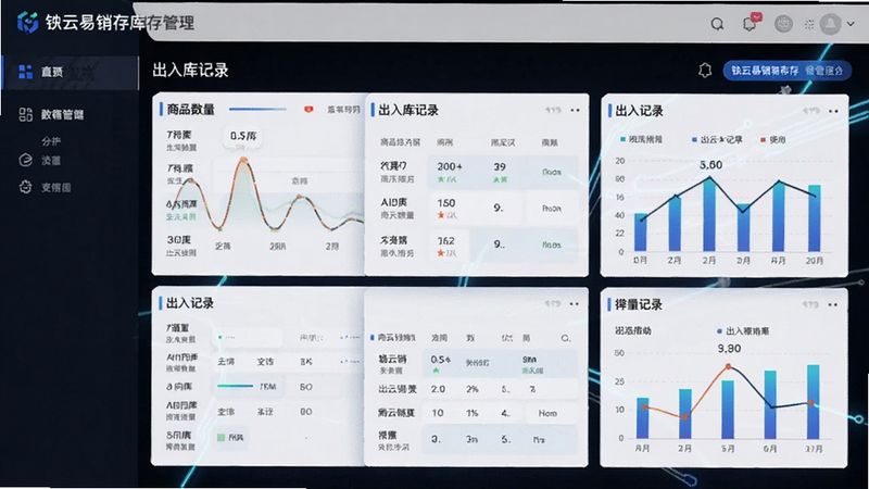 铱云易销存库存管理界面,显示商品数量、出入库记录,图表清晰,科技感