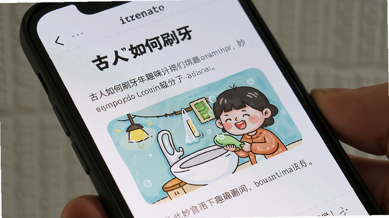 妙趣见闻碎片化阅读界面,手机屏幕特写,显示一篇关于“古人如何刷牙”的趣味科普文章,插图生动,文字分段清晰