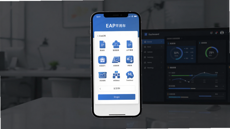 手机EAP应用主界面预览图,展示企业级应用平台图标,背景为简约商务风格,包含登录界面和仪表盘元素,色彩以蓝色和白色为主,体现专业与高效