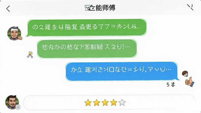全能师傅聊天界面截图,显示对话气泡与评价星星,白色背景,清晰易读