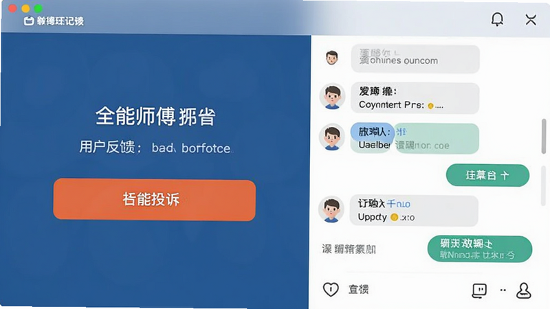 全能师傅用户反馈界面,显示投诉按钮与聊天记录,简洁UI