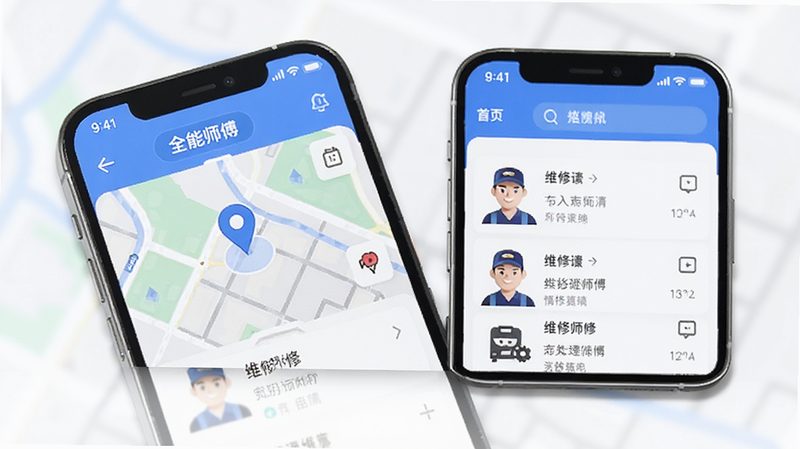 全能师傅APP界面展示,手机屏幕显示地图定位与维修师傅列表,风格简洁现代,蓝色主色调,UI元素清晰,无多余装饰,高画质