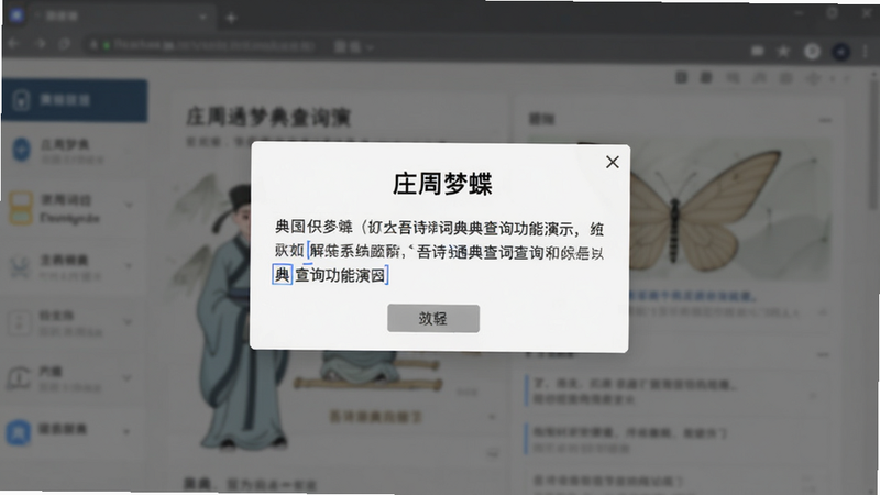 吾诗通词典查询功能演示,弹窗显示“庄周梦蝶”的典故解释,背景模糊化主界面,文字排版整齐,学术风格