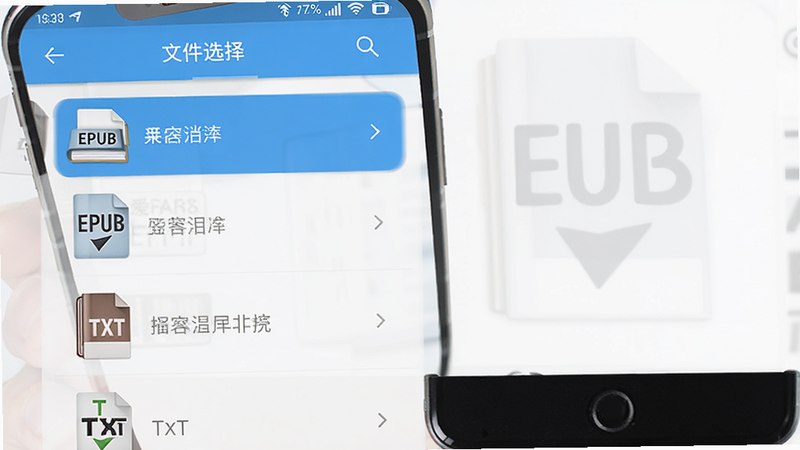 爱阅手机应用界面截图,展示文件选择列表,包含EPUB和TXT图标,界面设计扁平化,蓝色主色调,字体清晰,展示兼容多种文件格式的能力,高清UI设计图,无水印