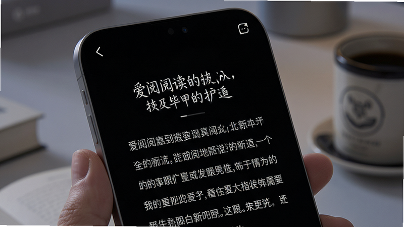 爱阅阅读界面特写,展示夜间模式下的黑色背景与白色文字,字体优雅,行距适中,屏幕边缘有轻微圆角,体现护眼功能,科技感与舒适感并存,高清渲染图