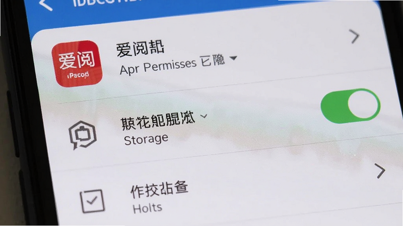 手机设置界面特写,显示应用权限管理页面,爱阅应用位于列表顶部,存储权限已开启,界面简洁明了,高清手机屏幕实拍风格,光线均匀,无干扰元素