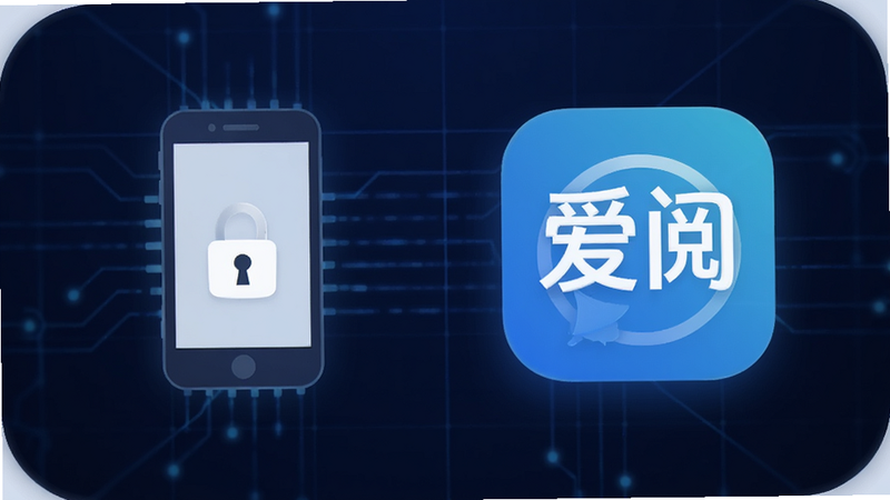 手机存储图标与爱阅应用图标并列,象征本地存储与离线功能,背景为深蓝色科技网格,光线柔和,体现数据本地化与安全隐私,扁平化插画风格,干净简洁