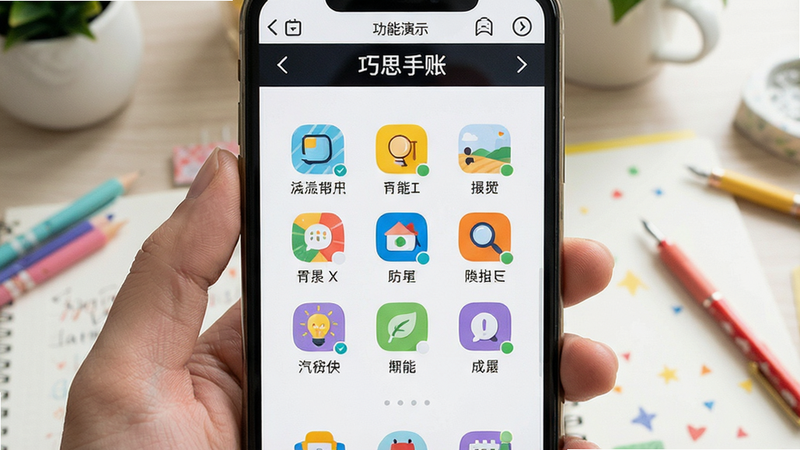 巧思手账 功能演示,屏幕中显示图片插入界面,图标清晰,色彩鲜艳,无多余装饰