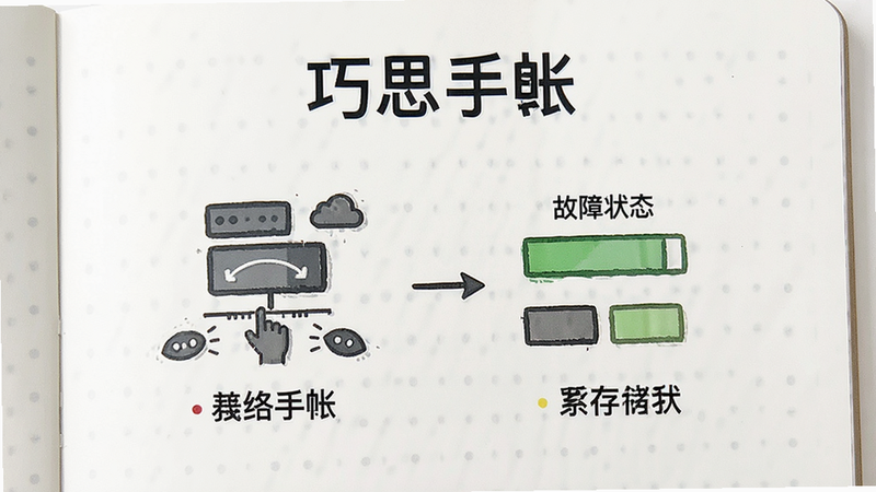 巧思手账 故障排查示意,简洁图标表示网络与存储状态,背景干净