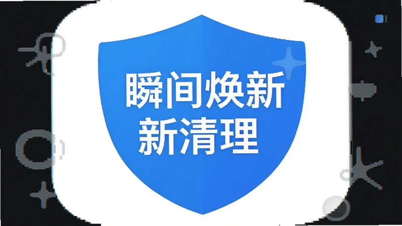 瞬间焕新清理APP图标,蓝色盾牌形状,白色背景,简洁扁平风格,文字