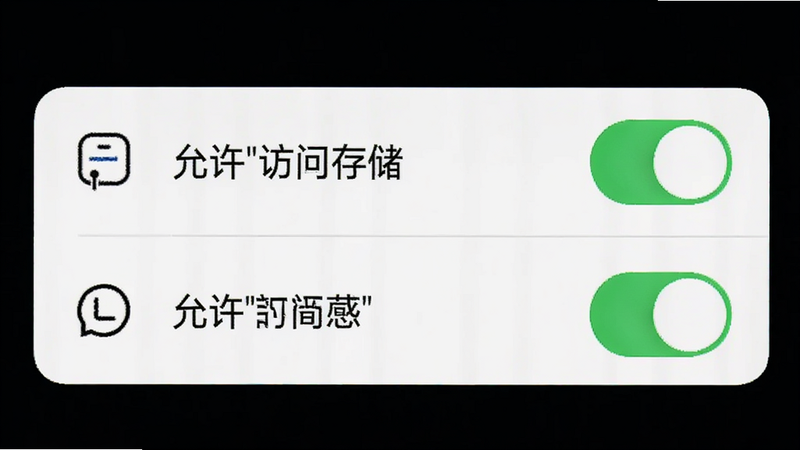 手机设置界面,权限开关打开,文字
