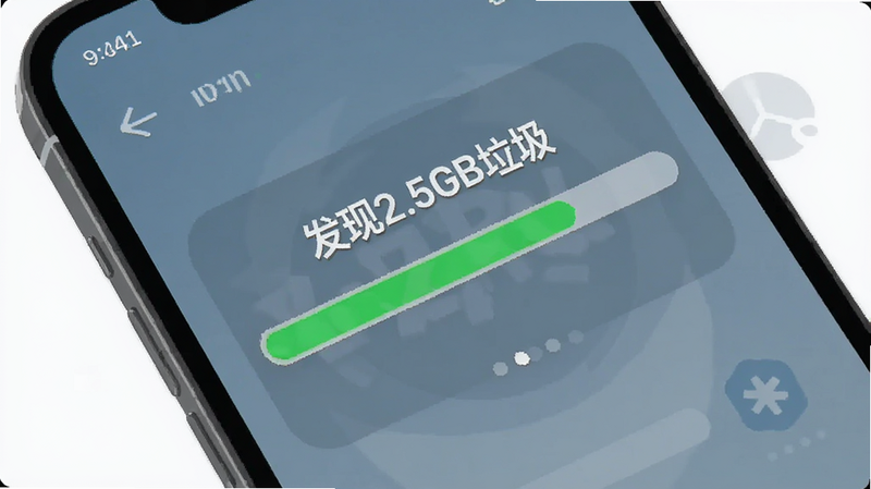 手机屏幕显示垃圾扫描进度条,绿色进度条,界面显示