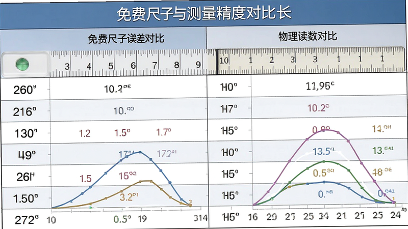 免费尺子测量精度对比图表,主体为数字尺与物理尺读数对比,布局表格形式,排版严谨,风格数据可视化,细节显示误差范围曲线,画质高清干净无多余元素