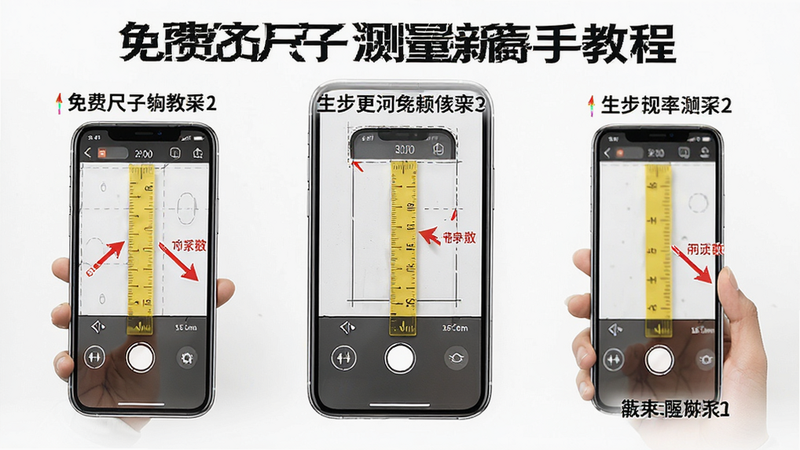 免费尺子测量新手教程步骤图解,主体为手机操作演示,布局分步展示,排版清晰,风格教学型,细节包含箭头指示与文字标注,画质高清干净无多余元素