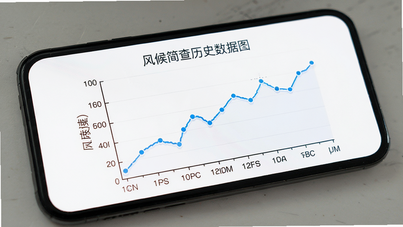 风候简查历史数据图表,手机屏幕显示折线图,横轴为时间,纵轴为风速,简洁数据可视化,白色背景,蓝色线条,高清细节,无多余元素
