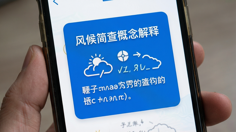 风候简查概念解释,手机屏幕显示科普卡片,简洁文字排版,蓝色背景,白色文字,高清细节,无多余元素