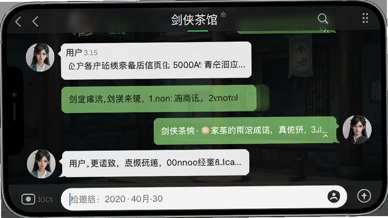 AI生成的手机屏幕截图,展示“剑侠茶馆”APP内的聊天界面,主体是一个活跃的用户对话窗口,布局为左右气泡式,排版紧凑,风格为现代社交应用,细节包括用户头像、时间戳和输入框,画质清晰,干净,无多余元素