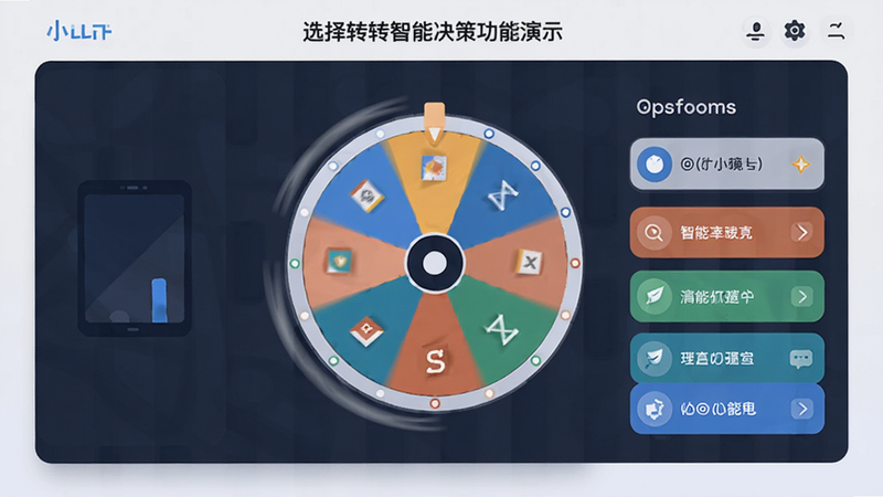 小选择幸运转智能决策功能演示,转盘旋转动画,清晰选项列表,现代UI风格,扁平化设计