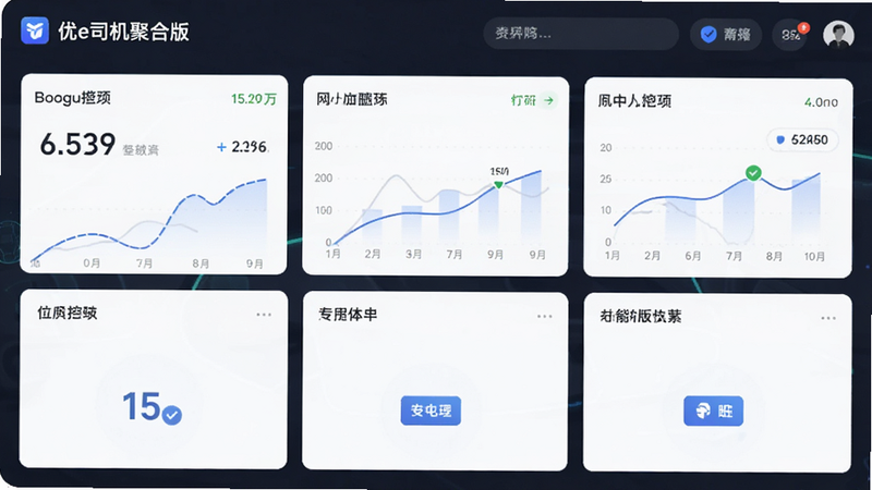Boogu-Image prompt: A financial dashboard within '优e司机聚合版' showing earnings breakdown, graphs of monthly income, secure payment icons, clean minimalist UI, professional style