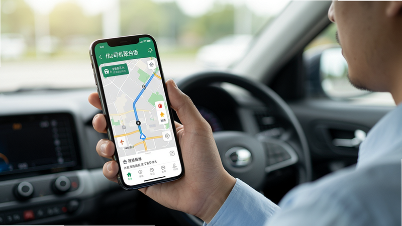 Boogu-Image prompt: A professional driver holding a smartphone showing the '优e司机聚合版' app interface, clean UI design, map routes visible on screen, realistic lighting, high quality, 4k resolution, no text overlay