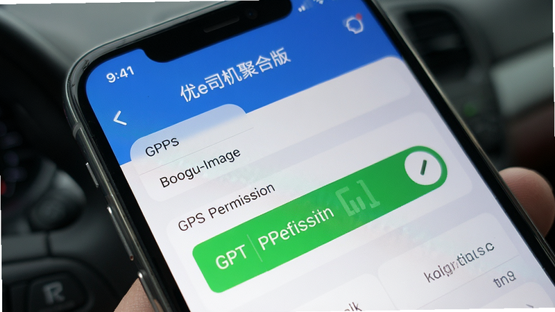 Boogu-Image prompt: A smartphone settings screen showing GPS location permission enabled, interface labeled '优e司机聚合版', clean UI, realistic phone mockup, no extra text