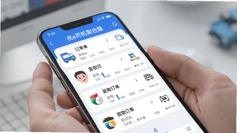 Boogu-Image prompt: A smartphone screen displaying a unified list of cargo orders from different platforms, interface labeled '优e司机聚合版', modern flat design, blue and white color scheme, clear icons, realistic rendering