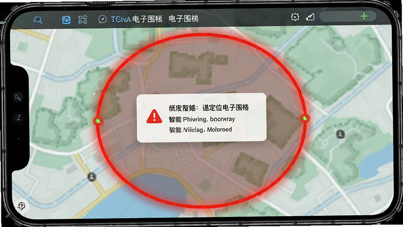 智能电话手表定位电子围栏设置, 圆形区域覆盖地图, 红色警戒线边界, 弹出告警消息框