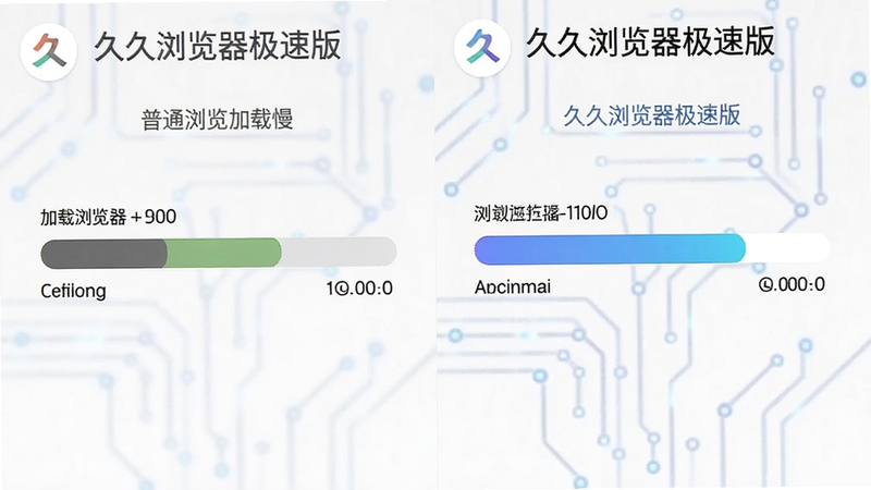 久久浏览器极速版加载速度对比图,主体为两个浏览器加载进度条对比,左侧为普通浏览器加载慢,右侧为久久浏览器极速版加载快,布局左右对比,风格科技感,细节显示时间戳差异,画质清晰无多余元素