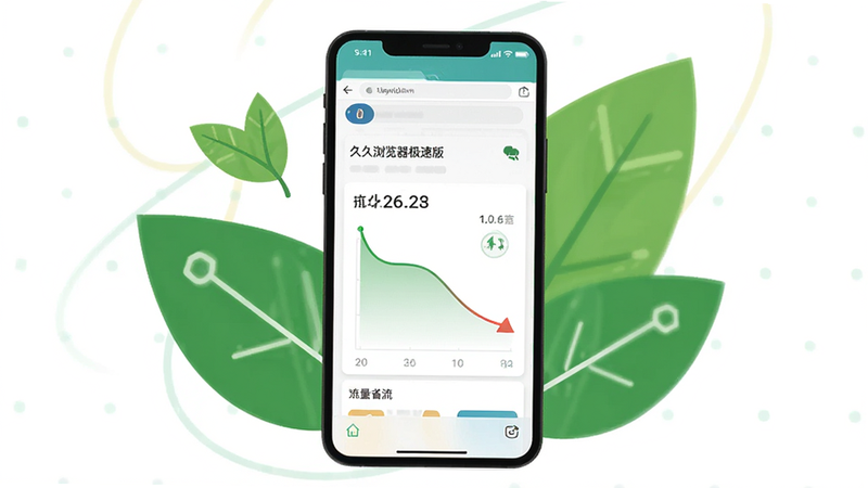 久久浏览器极速版流量节省示意图,主体为手机屏幕显示网页内容,背景有绿色叶子象征环保省流,布局居中,风格扁平化设计,细节包括流量统计图表下降曲线,画质干净无多余元素