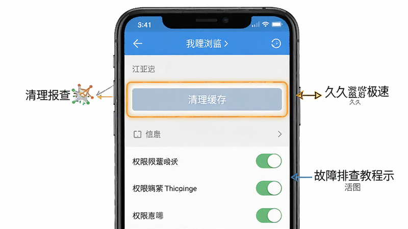 久久浏览器极速版故障排查教程示意图,主体为手机设置菜单界面,布局分层清晰,风格 instructional 指导型,细节包括高亮显示的清理缓存按钮和权限开关,画质干净无多余元素