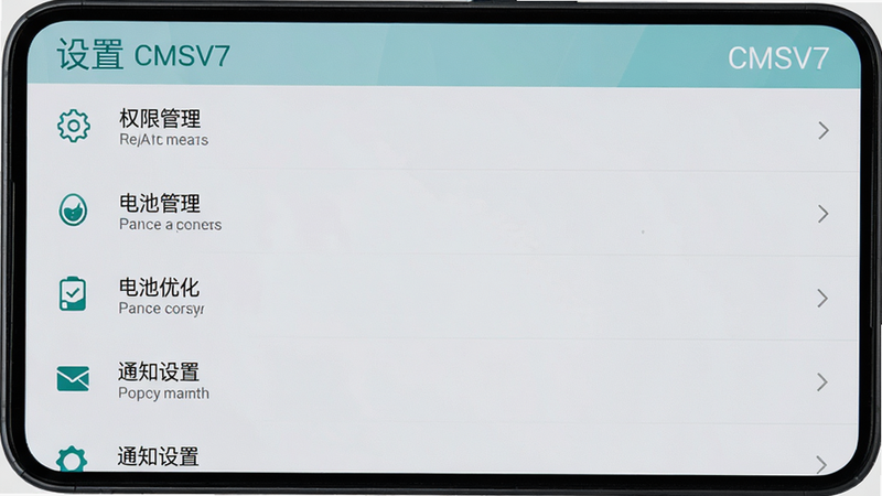 主体为CMSV7手机端设置界面截图,布局为列表式菜单,显示权限管理、电池优化、通知设置等选项,风格简洁现代,细节清晰,画质高清,干净,无多余元素,文字标注