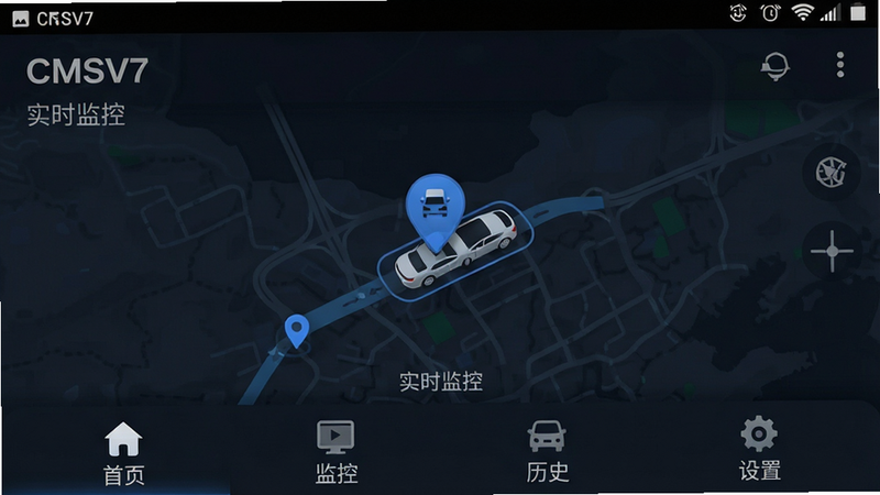 主体为CMSV7安卓应用的主界面预览图,布局采用深色科技风背景,顶部显示状态栏,中间区域展示地图定位与车辆图标,底部为功能导航栏,包含首页、监控、历史、设置四个图标,风格扁平化且现代,细节清晰,画质高清,干净,无多余元素,文字标注