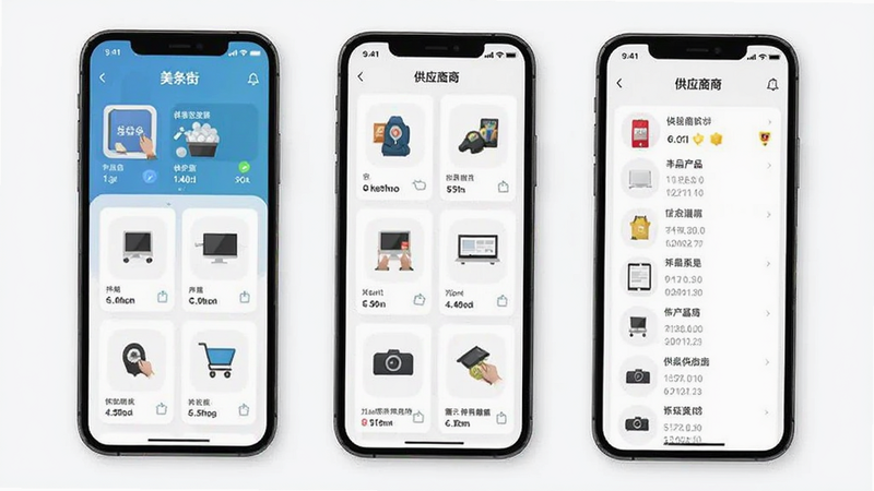 美条街APP界面展示丰富的产品分类和供应商列表,现代扁平设计风格,清晰布局